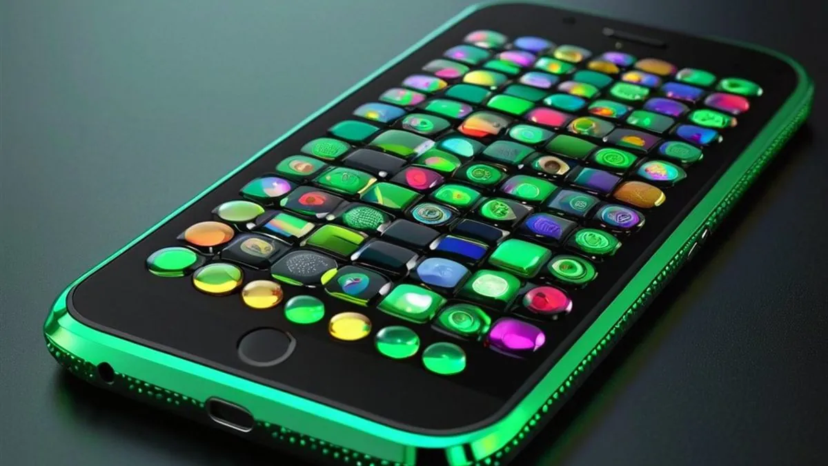Celular con borde verde y una cuadrícula de iconos de colores en la pantalla